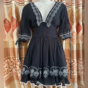 ASOS DESIGN embroidered collar mini dress with tie sleeve in black